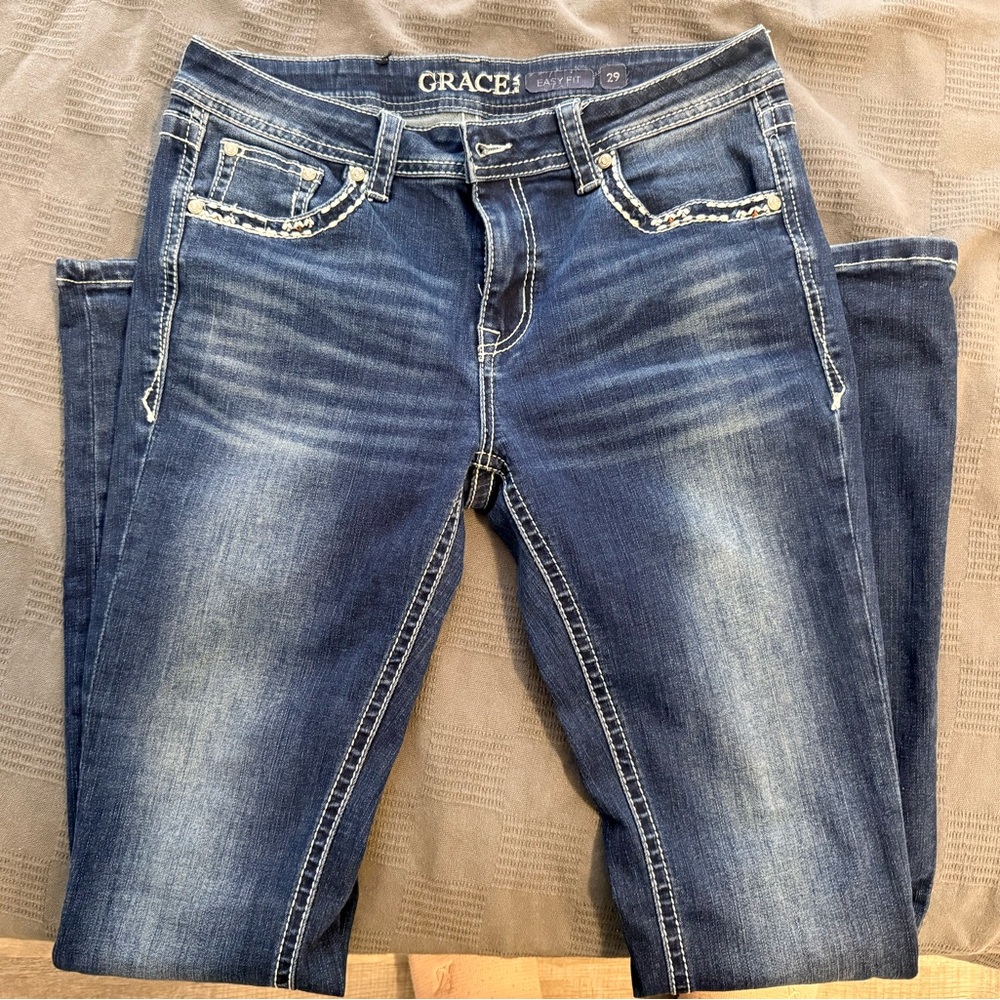 Grace Blue Boot Cut Jeans with Embroidery - Picture 2 of 7